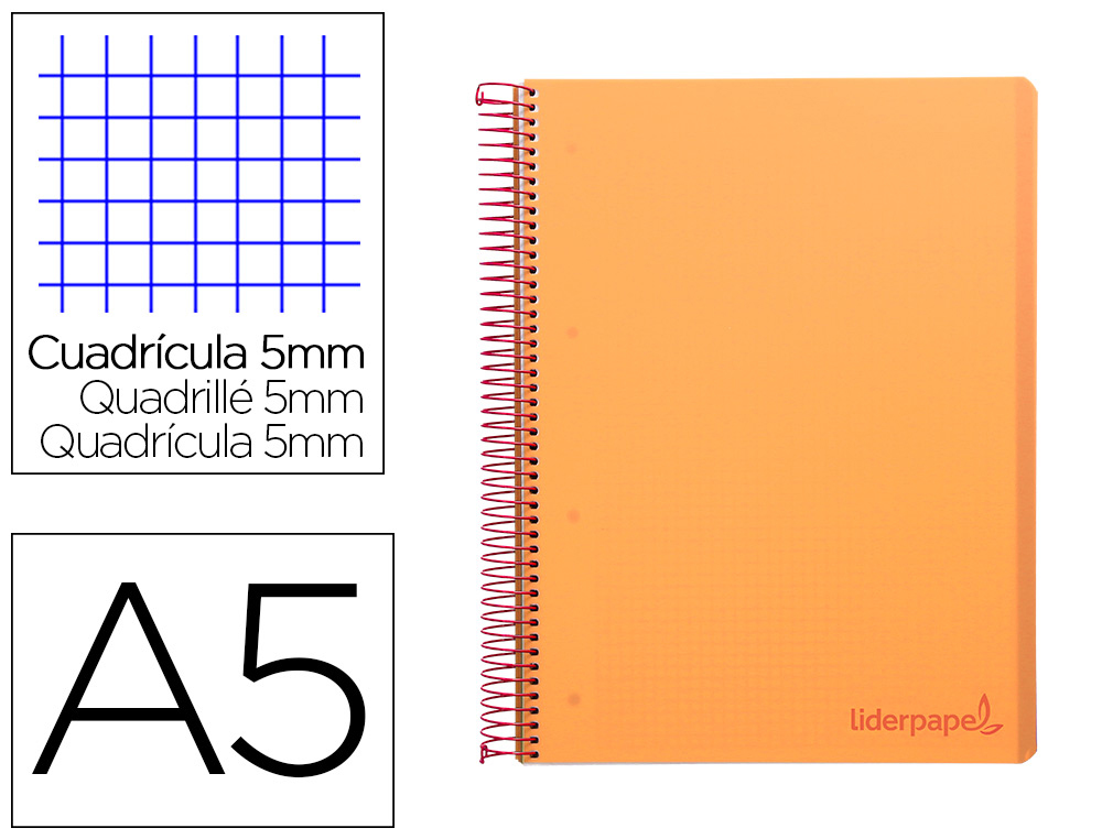 CUADERNO ESPIRAL LIDERPAPEL A5 MICRO WONDER TAPA PLASTICO 120H 90GR CUADRO 5MM 5 BANDAS 6 TALADROS COLOR NARANJA