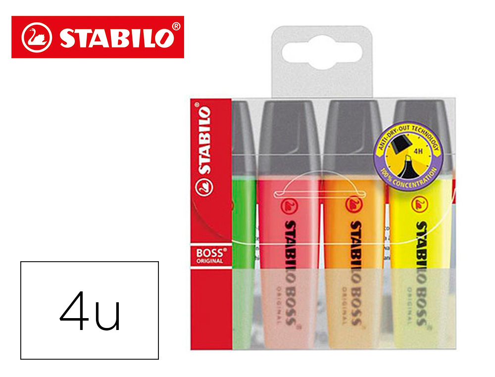 ROTULADOR STABILO BOSS FLUORESCENTE 70 ESTUCHE DE 4 UNIDADES COLORES SURTIDOS