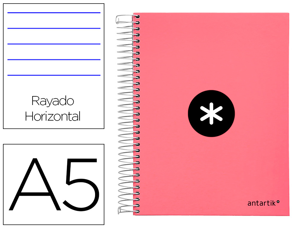 CUADERNO ESPIRAL A5 MICRO ANTARTIK TAPA FORRADA120H 100 GR HORIZONTAL 5 BANDA6 TALADROS COLOR CORAL