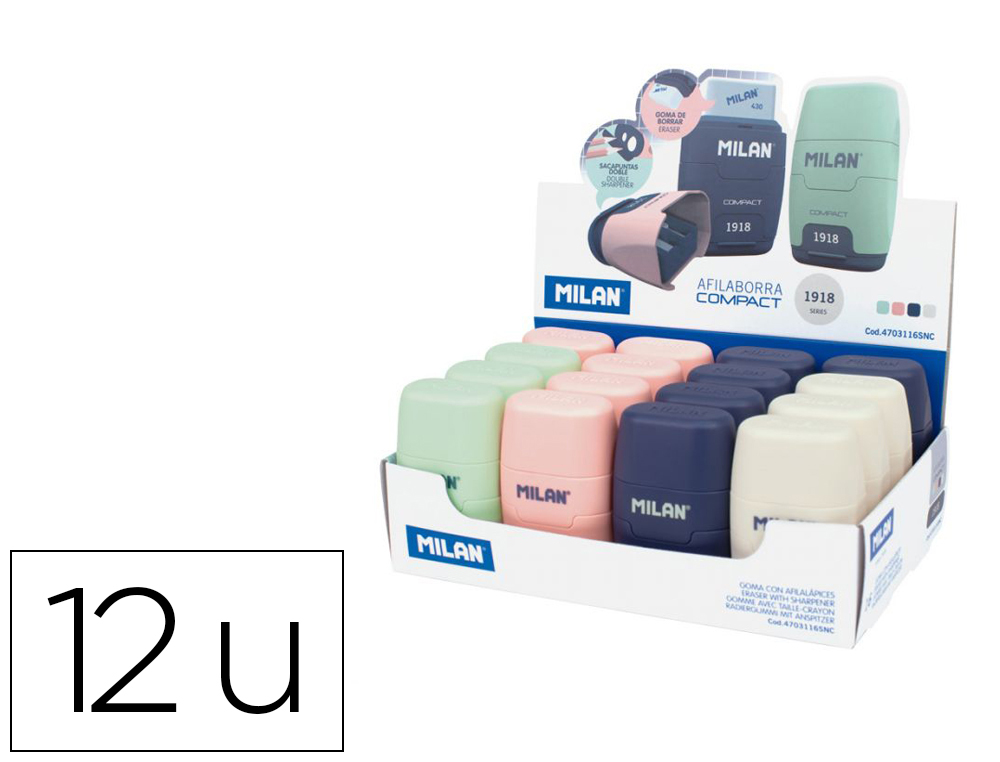SACAPUNTAS MILAN COMPACT SERIE 1918 PLASTICO 2 USOS CON GOMA DE BORRAR EXPOSITOR DE 16 UNIDADES COLORES