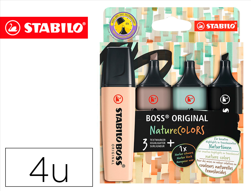 ROTULADOR STABILO BOSS PASTEL FLUORESCENTE 70 NATURE COLORS ESTUCHE DE 4 UNIDADES COLORES SURTIDOS