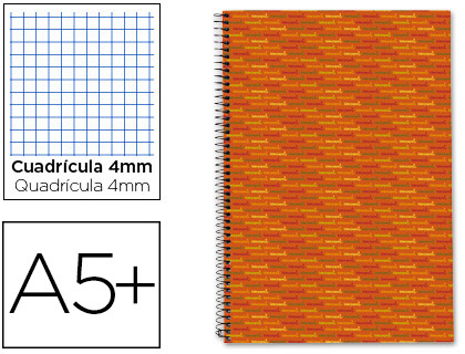 CUADERNO ESPIRAL LIDERPAPEL CUARTO MULTILIDER TAPA FORRADA 80H 80GR CUADRO 4MM CON MARG EN NARANJA