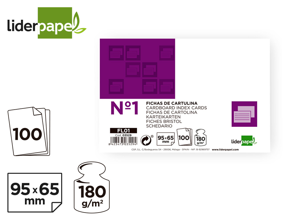 FICHA LIDERPAPEL LISA N1 65X95MM PAQUETE DE 100 180G