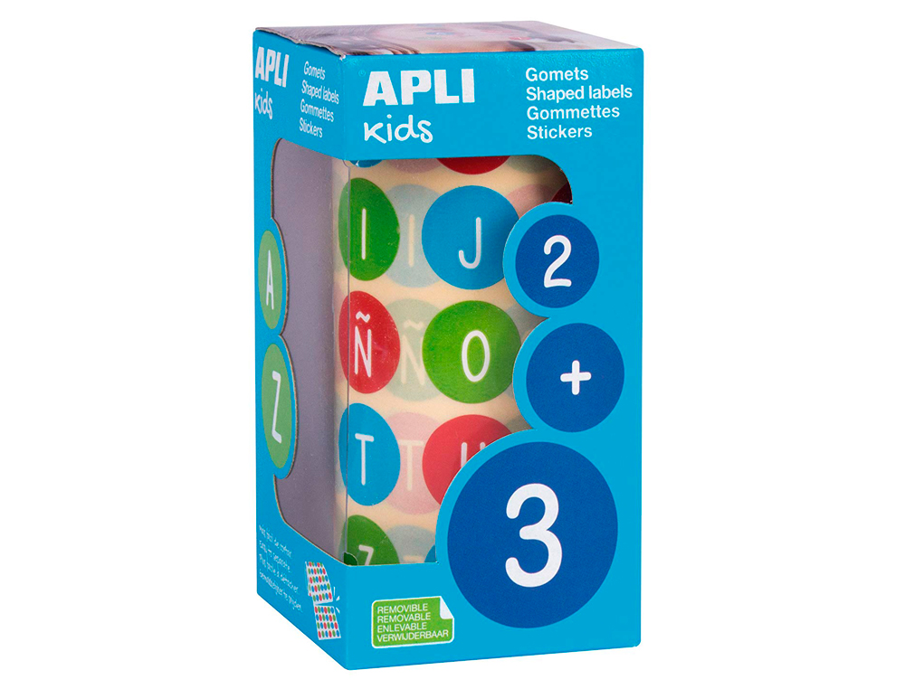 GOMETS APLI AUTOADHESIVO REDONDO ABECEDARIO 20 MM DIAMETRO MULTICOLOR ROLLO DE 900 UNIDADES