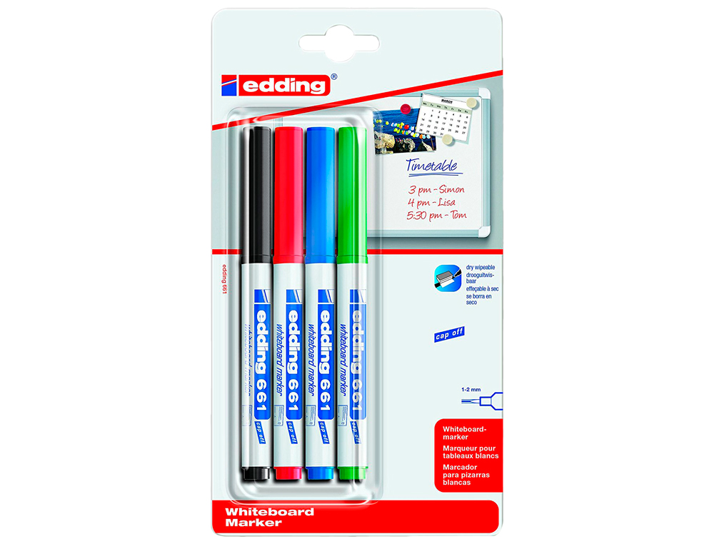 ROTULADOR EDDING PARA PIZARRA BLANCA 661 PUNTA REDONDA 1-2 MM BLISTER DE 4 UNIDADES COLORES SURTIDAS