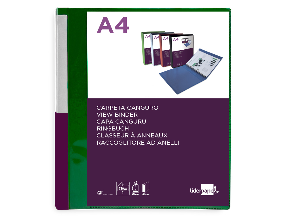 CARPETA LIDERPAPEL CANGURO 2 ANILLAS 25 MM MIXTAS POLIPROPILENO DIN A4 VERDE TRANSLUCIDO