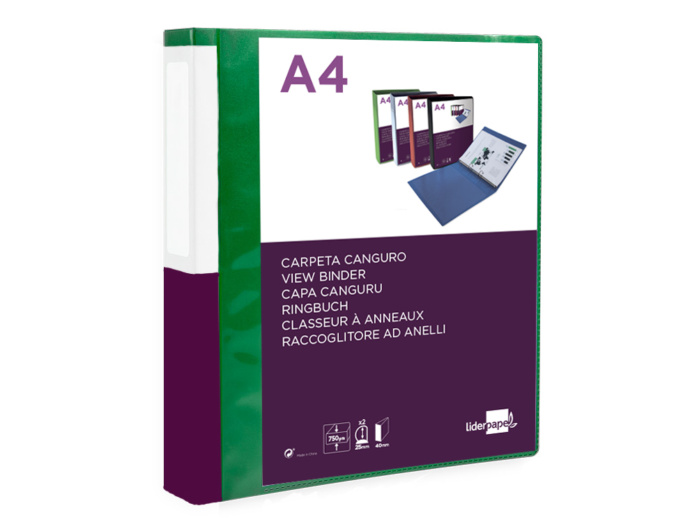 CARPETA LIDERPAPEL CANGURO 2 ANILLAS 25 MM MIXTAS POLIPROPILENO DIN A4 VERDE TRANSLUCIDO