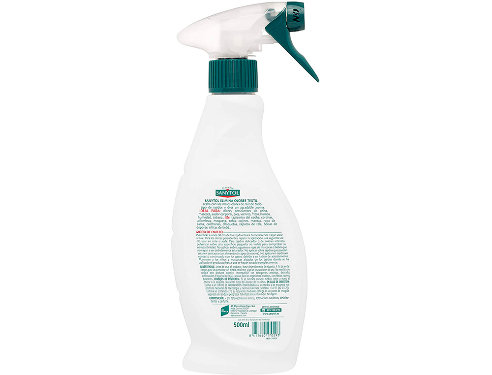 QUITAOLOR DESINFECTANTE SANYTOL PARA TEXTIL CON PULVERIZADOR BOTE DE 500 ML