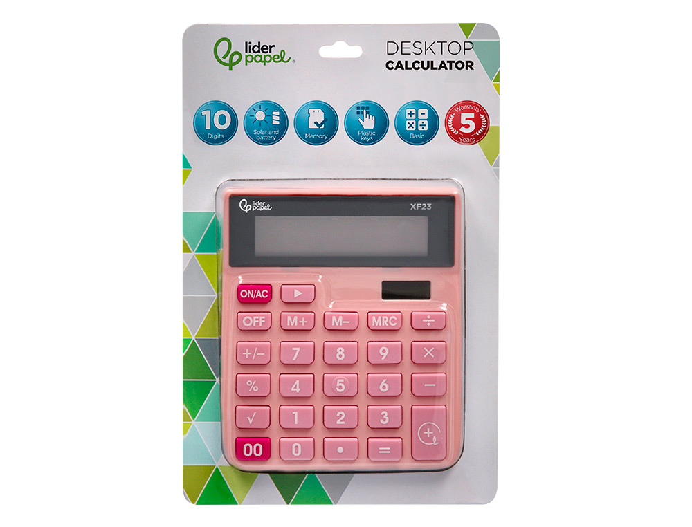 CALCULADORA LIDERPAPEL SOBREMESA XF23 10 DIGITOS SOLAR Y PILAS COLOR ROSA 127X105X24 MM
