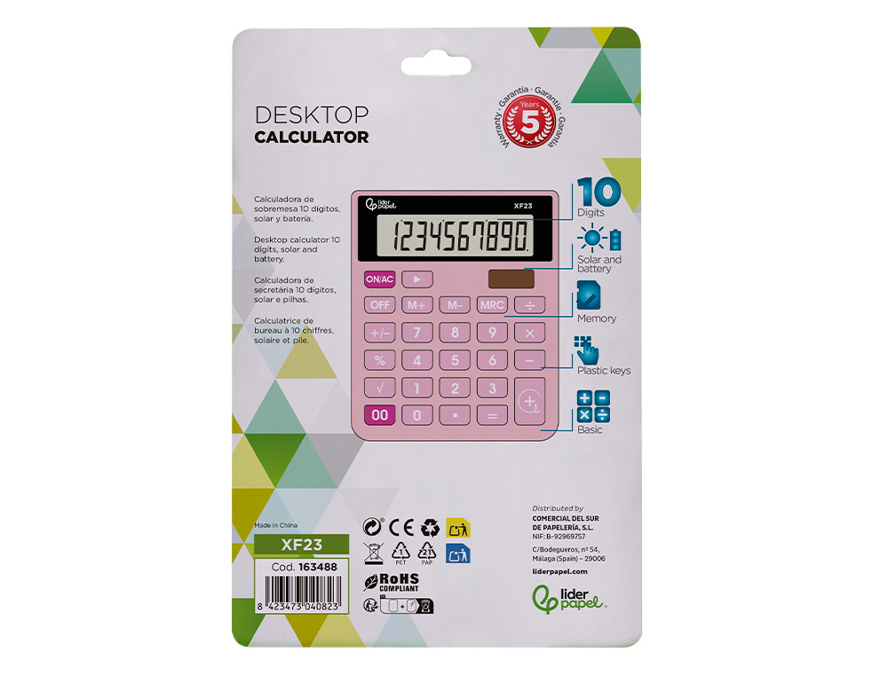 CALCULADORA LIDERPAPEL SOBREMESA XF23 10 DIGITOS SOLAR Y PILAS COLOR ROSA 127X105X24 MM