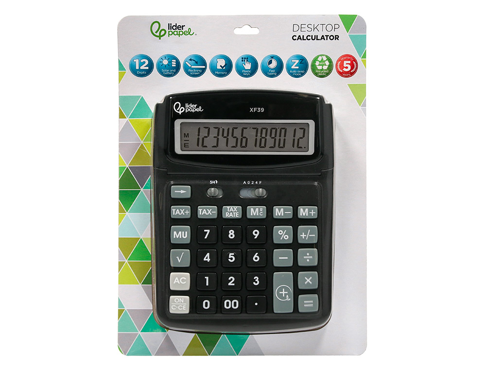 CALCULADORA LIDERPAPEL SOBREMESA XF39 12 DIGITOS SOLAR Y PILAS COLOR NEGRO 190X140X32 MM 40% RECICLADA