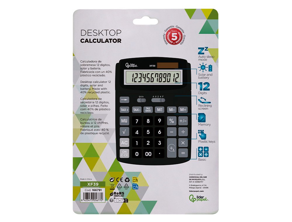 CALCULADORA LIDERPAPEL SOBREMESA XF39 12 DIGITOS SOLAR Y PILAS COLOR NEGRO 190X140X32 MM 40% RECICLADA