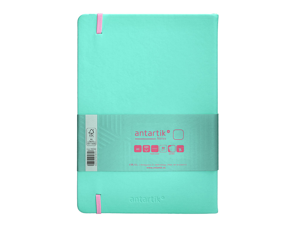 CUADERNO CON GOMILLA ANTARTIK NOTES TAPA DURA A5 HOJAS LISAS ROSA Y TURQUESA 100 HOJAS 80 GR FSC