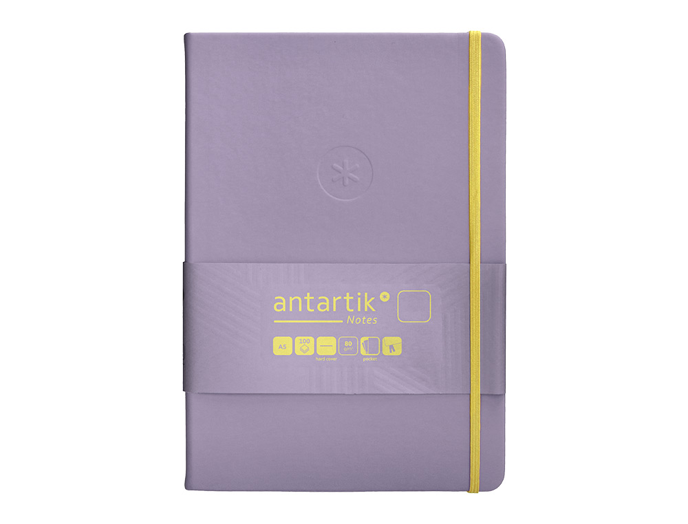 CUADERNO CON GOMILLA ANTARTIK NOTES TAPA DURA A5 HOJAS LISAS MORADO Y AMARILLO 100 HOJAS 80 GR FSC
