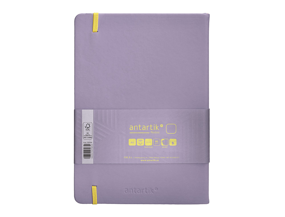 CUADERNO CON GOMILLA ANTARTIK NOTES TAPA DURA A5 HOJAS LISAS MORADO Y AMARILLO 100 HOJAS 80 GR FSC