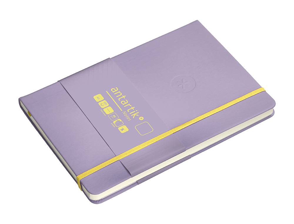 CUADERNO CON GOMILLA ANTARTIK NOTES TAPA DURA A5 HOJAS LISAS MORADO Y AMARILLO 100 HOJAS 80 GR FSC