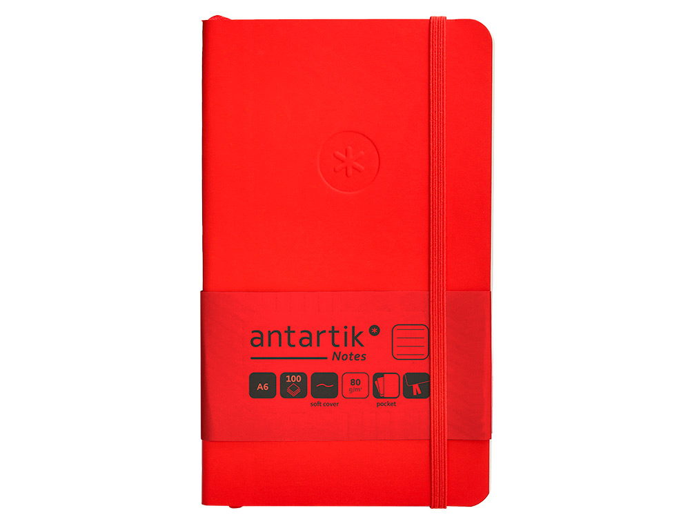 CUADERNO CON GOMILLA ANTARTIK NOTES TAPA BLANDA A6 RAYAS ROJO 100 HOJAS 80 GR FSC