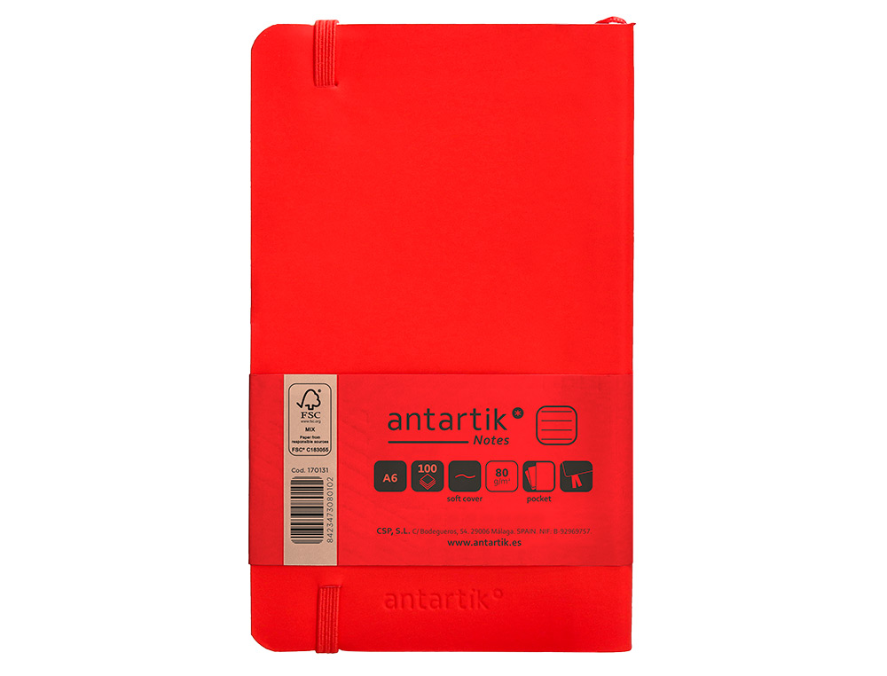 CUADERNO CON GOMILLA ANTARTIK NOTES TAPA BLANDA A6 RAYAS ROJO 100 HOJAS 80 GR FSC