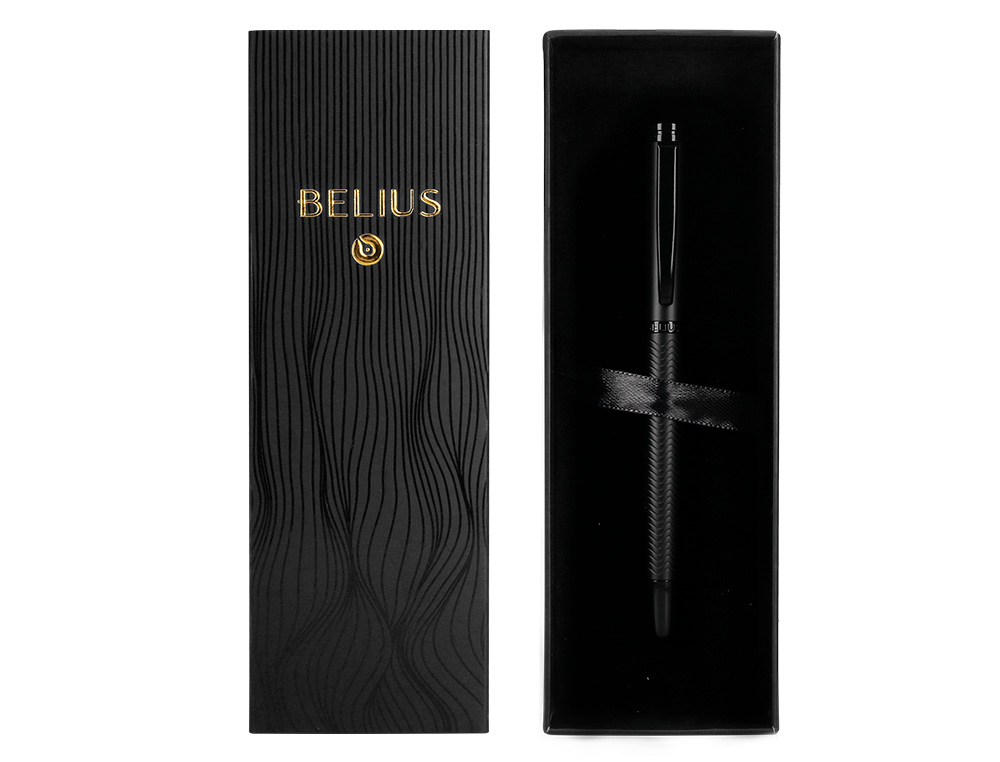 BOLIGRAFO BELIUS NEPTUNO ALUMINIO TEXTURA WAVY COLOR NEGRO TINTA AZUL CAJA DE DISEÑO
