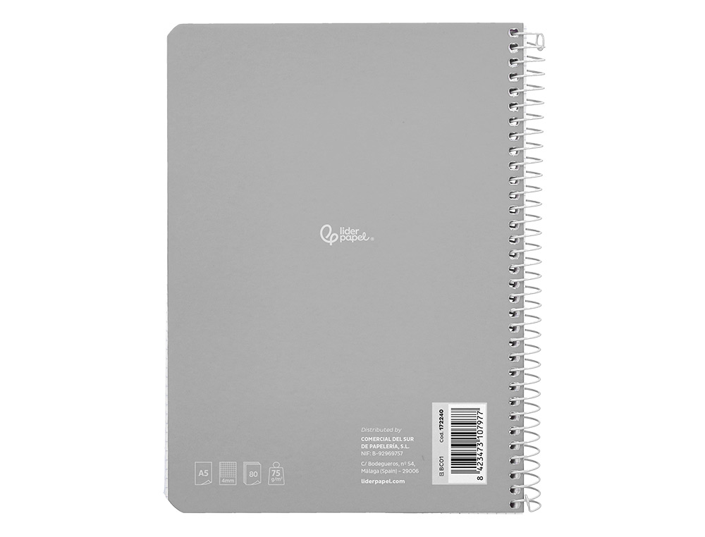 CUADERNO ESPIRAL LIDERPAPEL A5 SMART TAPA BLANDA 80H 75GR CUADRO 4MM CON MARGEN COLORES SURTIDOS
