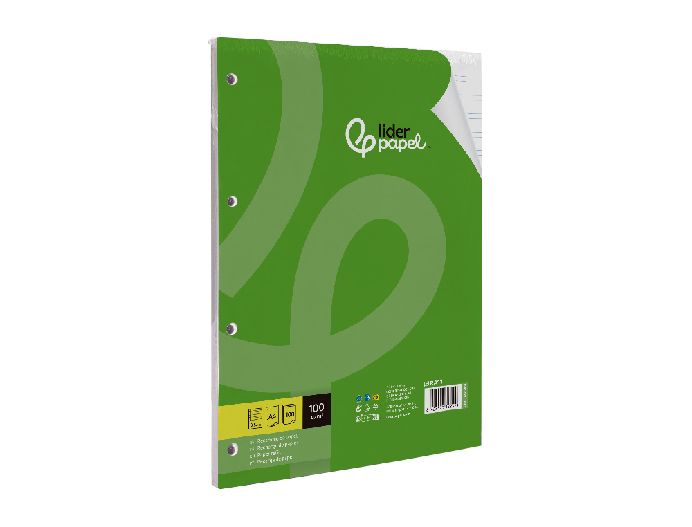 RECAMBIO LIDERPAPEL A4 100 HOJAS 100GR PAUTA 3,5MM CON MARGEN 4 TALADROS