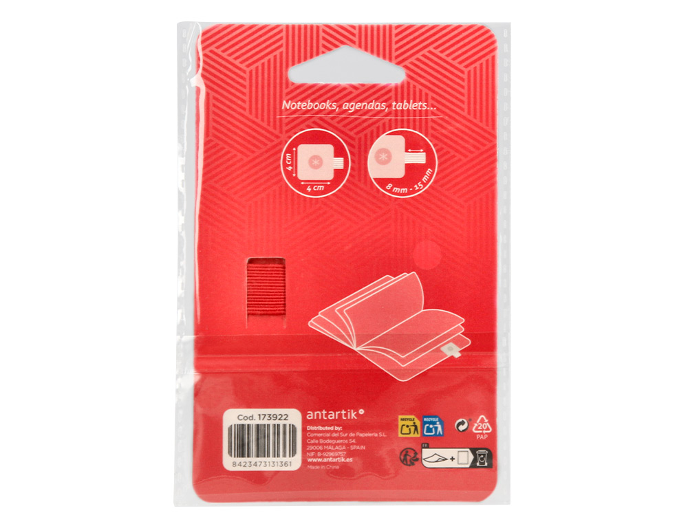 PORTABOLIGRAFO AUTOADHESIVO ANTARTIK PARA CUADERNO NOTE CON ELASTICO HASTA 15 MM GROSOR 80 MM ROJO 40X40 MM