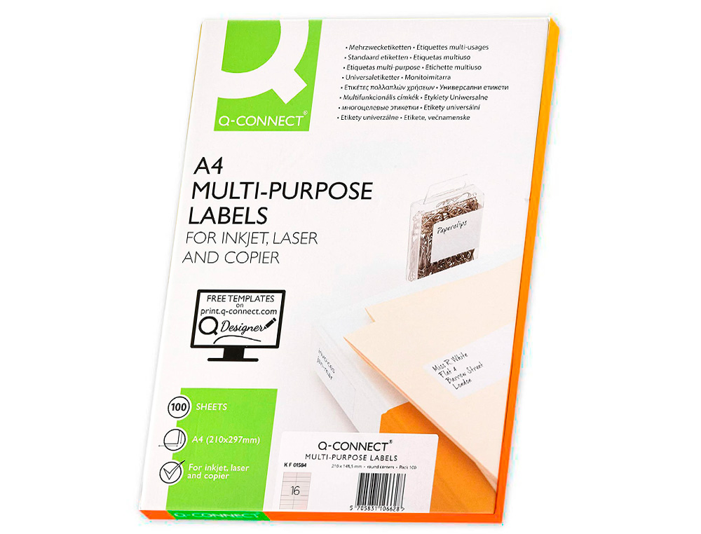 ETIQUETA ADHESIVA Q-CONNECT KF01584 TAMAÑO 99,1X33,9 MM FOTOCOPIADORA LASER INK-JET CAJA CON 100 HOJAS DIN A4