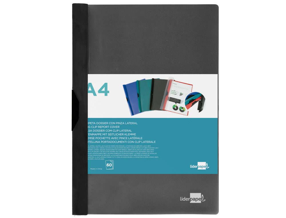 CARPETA LIDERPAPEL DOSSIER PINZA LATERAL 45325 POLIPROPILENO DIN A4 NEGRO 60 HOJAS PINZA DESLIZANTE