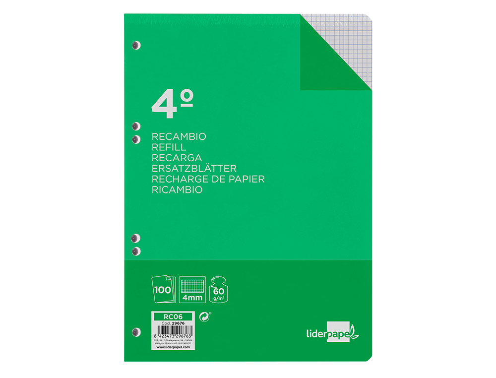 RECAMBIO LIDERPAPEL CUARTO 100 HOJAS 60G/M2 CUADRO 4MM CON MARGEN 6 TALADROS