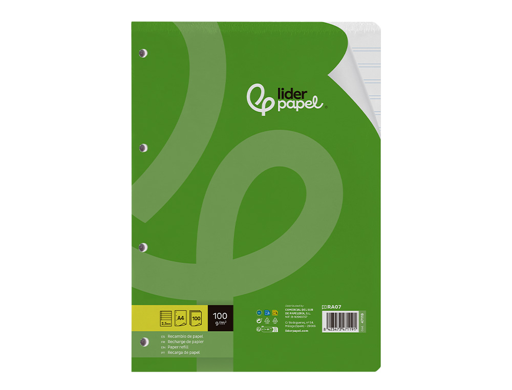 RECAMBIO LIDERPAPEL A4 100 HOJAS 100GR PAUTA 5ª 2.5MM CON MARGEN 4 TALADROS