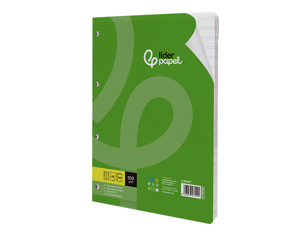 RECAMBIO LIDERPAPEL A4 100 HOJAS 100GR PAUTA 5ª 2.5MM CON MARGEN 4 TALADROS