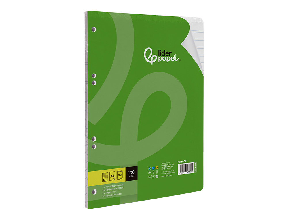 RECAMBIO LIDERPAPEL A4 100 HOJAS 100GR PAUTA 5ª 2.5MM CON MARGEN 4 TALADROS
