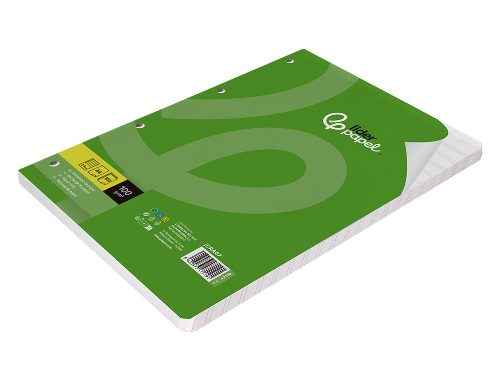 RECAMBIO LIDERPAPEL A4 100 HOJAS 100GR PAUTA 5ª 2.5MM CON MARGEN 4 TALADROS
