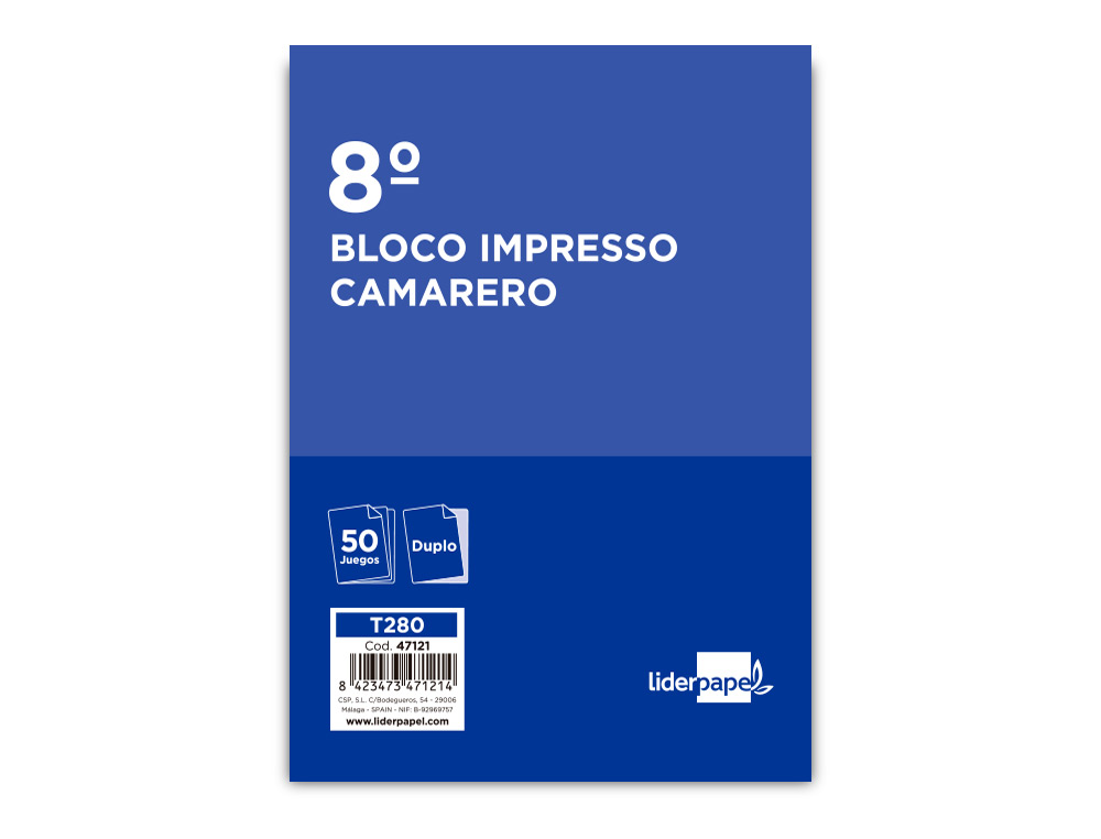 TALONARIO LIDERPAPEL CAMARERO 8 ORIGINAL Y COPIA T280