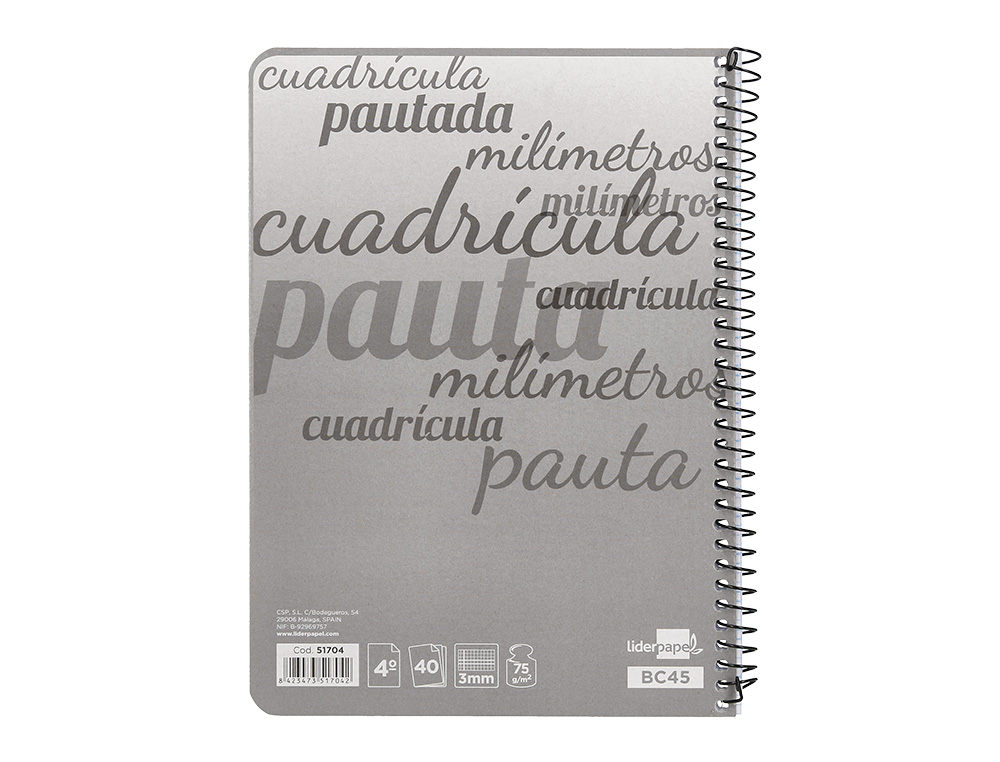 CUADERNO ESPIRAL LIDERPAPEL CUARTO PAUTAGUIA TAPA BLANDA 40H 75GR CUADRO PAUTADO 3 MM CON MARGEN COLORES SURTIDOS