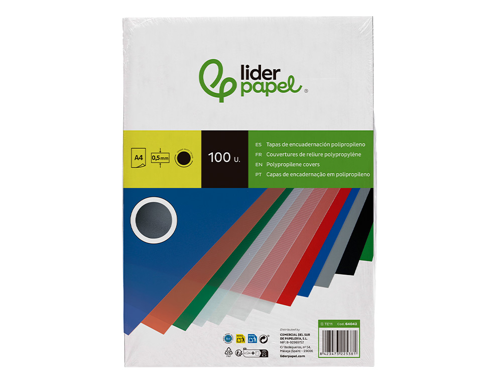 TAPA ENCUADERNACION LIDERPAPEL POLIPROPILENO A4 0.5MM NEGRO OPACO PAQUETE DE 100 UNIDADES