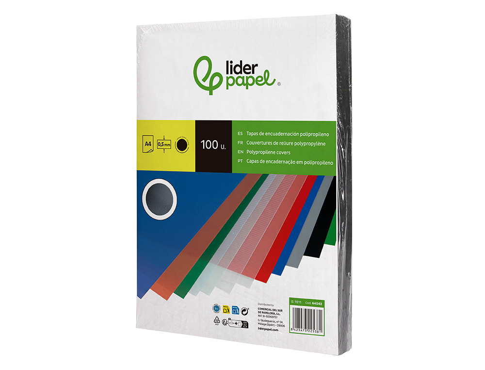 TAPA ENCUADERNACION LIDERPAPEL POLIPROPILENO A4 0.5MM NEGRO OPACO PAQUETE DE 100 UNIDADES