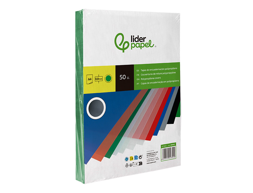 TAPA ENCUADERNACION LIDERPAPEL POLIPROPILENO A4 0.8MM VERDE OPACO PAQUETE DE 50 UNIDADES