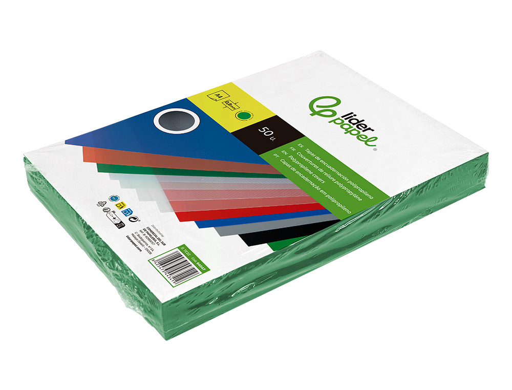 TAPA ENCUADERNACION LIDERPAPEL POLIPROPILENO A4 0.8MM VERDE OPACO PAQUETE DE 50 UNIDADES