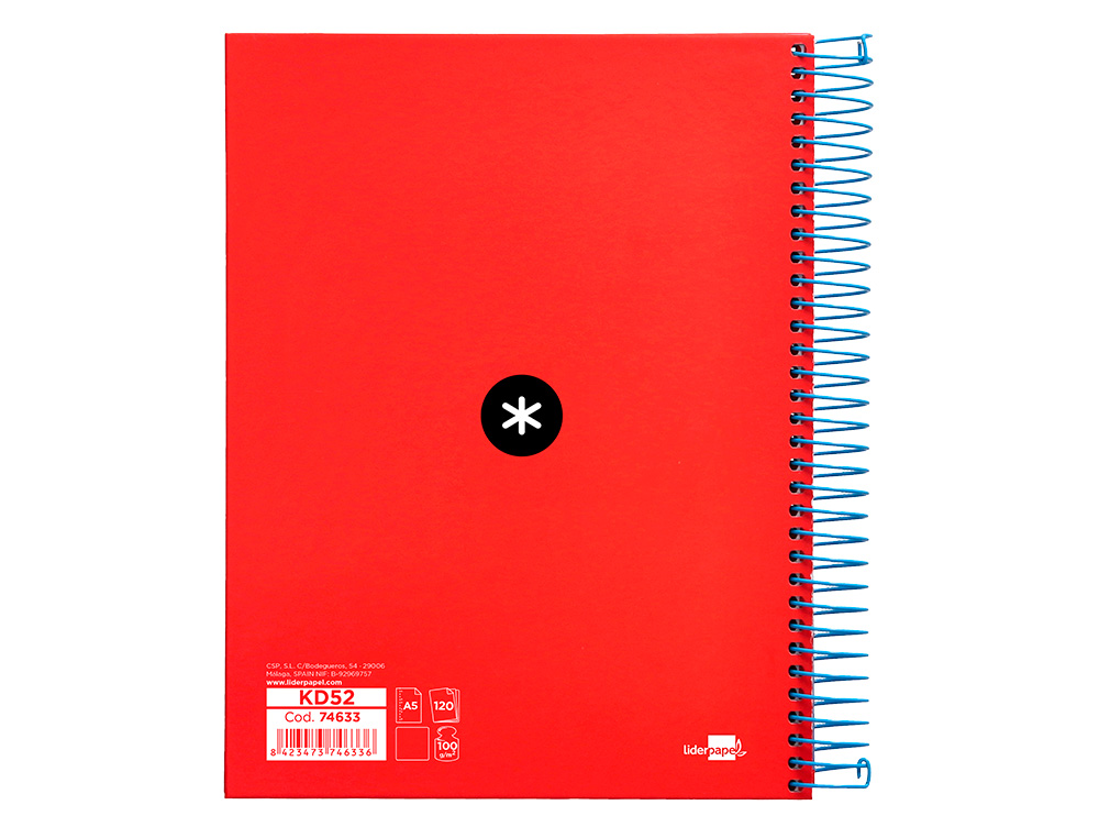 CUADERNO ESPIRAL A5 MICRO ANTARTIK TAPA FORRADA 120H 90G LISO CON BANDAS 6 TALADROS COLOR ROJO